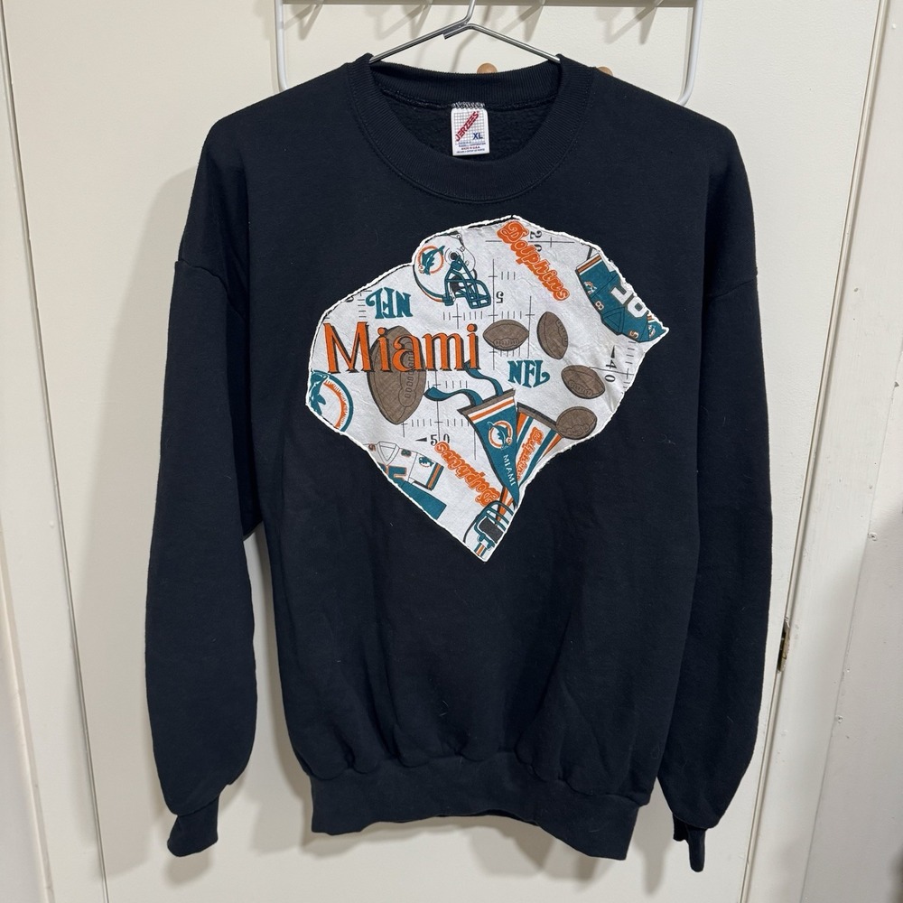 Vtg 90s Jerzees Miami Dolphins Sweatshirt Mens XL Embroidered Black Crew Neck